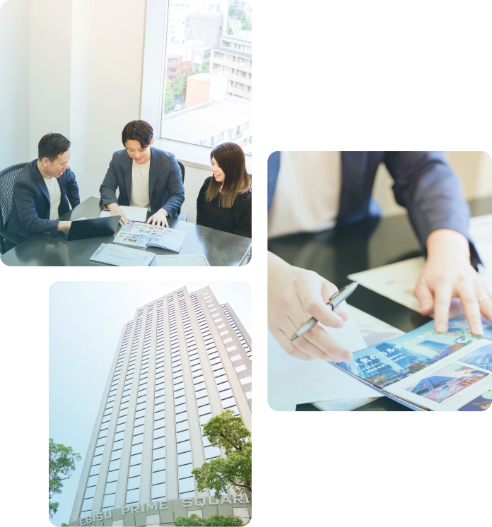 緑ある超高層ビルと働く社員たち